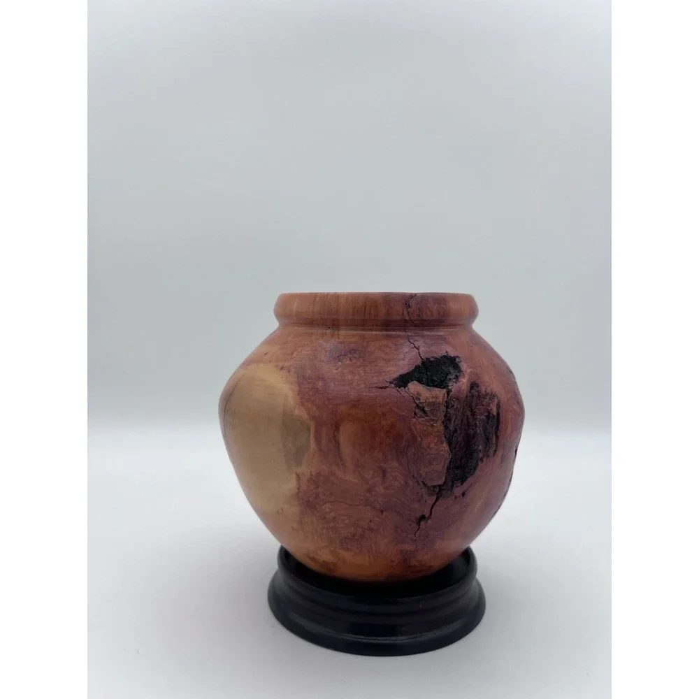 Hand Turned Cedar Wood Vase Artisan Signed Natural Live Edge Decorative Pot Burl